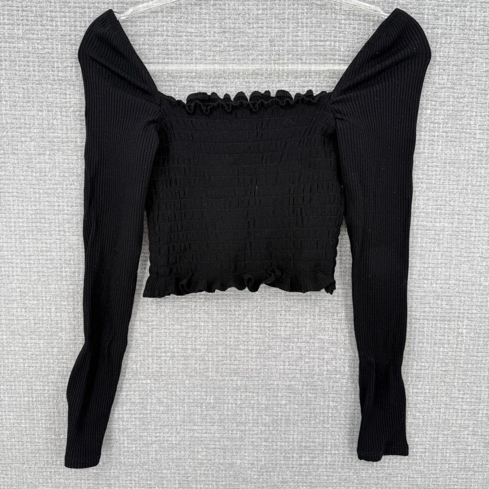 Reformation Smocked Long Top Women Sz M Black Ribbed Coquette Milkmaid‎ Goth